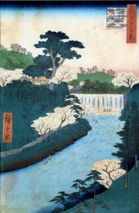 江户百景：音潮路大坝。 歌川广重 (1797-1858) 19 世纪的日本版画。 私人收藏。 作者 Ando or Utagawa Hiroshige