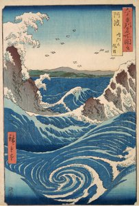 阿波漩涡中的汹涌海面，来自六十省的着名景点，pub.1855（彩色木版画）