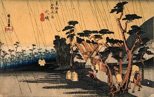 骤雨，大矶，来自 "东海道五十三站 "系列，约1833-34（彩色木版画）。 作者 安藤或歌川广重