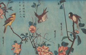 山雀和山茶花，麻雀和野玫瑰和黑枕金莺和樱花，1833年（木版画）