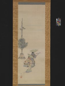 两个戴帽子的女人在跳舞（绢本水墨和彩色） 作者 安藤或歌川广重