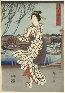 女人走在河岸，酒吧.C1848（彩色木版画） 作者 安藤或歌川广重