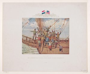 亨利-哈德逊的 "半月 "号轮船接近北美海岸，1609 年
陆地在望！半月号船员在船头（标题见实物） 作者 安德烈·弗兰德伦