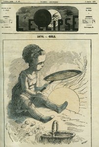 1870 年，社交美食：一个小女孩在被太阳加热的炉子里做可丽饼。 Gill 的“L