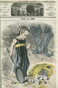 1872年，一个小女孩看着她的篮子里的裂缝。1月7日，吉尔的《日食》杂志封面 作者 安德鲁·吉尔