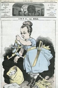 1874 年：一个女人操纵一个木偶。 Gill 的“L