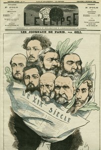 Cartoon of the team of the newspaper “” Le XIXe siècle””, directed by Edmont About (1828-?) , a French man of letters. Cover in “” L