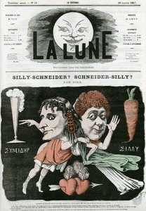 傻子-施耐德？谢纳-西利？，古代绘画碎片的漫画。吉尔的漫画，载于《La Lune》，1月20日 作者 安德鲁·吉尔