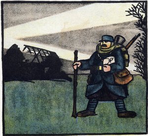 1914-1918 年第一次世界大战（14-18 岁）：毛发。身着军装的法国士兵肖像，背着背包、书包和步枪。1914-1916 年大战字母表（献给我们士兵的孩子）"中的雕刻。Berger-Levrault 出版社 作者 安德烈·赫勒