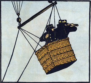 1914-1918 年第一次世界大战（14-18）：法国军队的观察员（观察哨）在一个俘虏气球上试图发现敌人。1914-1916 年大战字母表（献给我们士兵的孩子）"中的雕刻。Berger-Levrault 出版社
