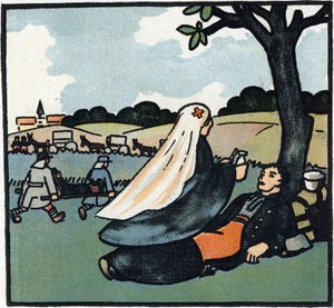 1914-1918 年第一次世界大战（14-18）：红十字会护士远赴战场照顾士兵。1914-1916 年大战字母表（献给我们士兵的孩子）"中的雕刻。Berger-Levrault 出版社