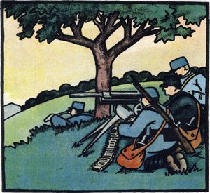 1914-1918 年第一次世界大战（14-18）：法国军队士兵在战场上使用机枪。1914-1916 年大战字母表（献给我们士兵的孩子）"中的雕刻。Berger-Levrault 出版社