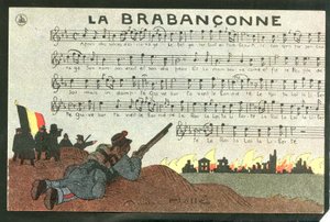 明信片，彩色讽刺画，约 1915 年：La brabanconne - 14-18 年战争，比利时，咏唱 - 士兵 插图，安德烈-海尔（1875-1945 年）