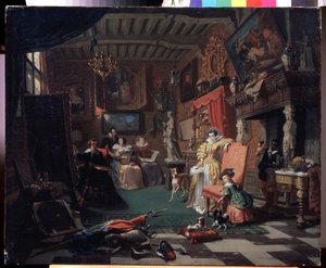 《画家安东尼·范戴克 (Antoon) van Dyck (1599-1641) 画肖像的工作室》（安东尼·范戴克爵士画肖像）安德烈·普卢莫 (Andre Plumot, 1829-1906) 的绘画，1853 年俄罗斯卡卢加地区艺术博物馆 作者 安德烈·普卢莫