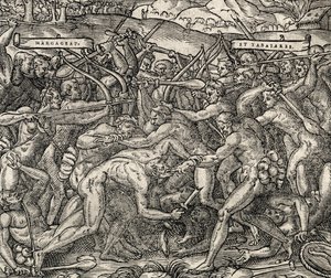 Margageaz和Tabajares部落之间的战斗，来自《宇宙学》的雕刻，作者Andre Thevet（1504-1592）。 作者 安德烈·塞维特（Andre Thevet）
