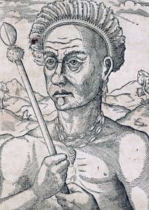 巴西Quoniambec国王，雕刻自《世界宇宙学》，作者Andre Thevet（1504-1592），巴黎。 作者 安德烈·塞维特（Andre Thevet）