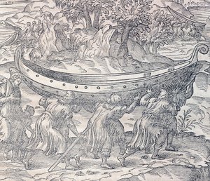 拉普兰人把他们的船从一个地方运到另一个地方，雕刻自《宇宙学》，安德烈-特维特（1504-1592），巴黎 作者 安德烈·塞维特（Andre Thevet）