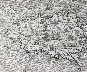 苏门答腊岛地图，安德烈-特维特（1504-1592）的雕刻作品，法国巴黎 作者 安德烈·塞维特（Andre Thevet）