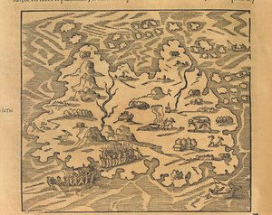安的列斯群岛中的三一岛地图，来自安德烈-特维的《世界宇宙学》。 作者 安德烈·塞维特（Andre Thevet）