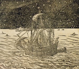 水手们沿着北方的路线前进，雕刻自《宇宙学》，作者安德烈-特维特（1504-1592），巴黎。 作者 安德烈·塞维特（Andre Thevet）