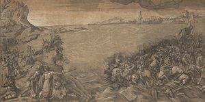 越过红海，摩西站在左边，指着被淹没的军队......，1589年。