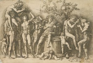 带酒桶的巴克斯坦，约1470-90。 作者 安德里亚·曼特尼亚（Andrea Mantegna）