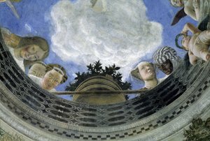 意大利曼托瓦公爵宫配偶之家天花板的凹槽（Camera degli Sposi，Palazzo Ducale，Mantova）：寓言人物和肉体细节。安德里亚-曼特纳（1431-1506 年）的壁画 作者 安德里亚·曼特尼亚（Andrea Mantegna）