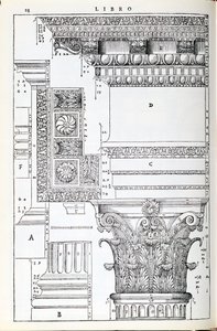 来自Trajan的Tempio的装饰细节，插图来自Palladio所写的&39;I Quattro Libri dell&39;Architettura&39;的传真副本，最初出版1570 作者 安德里亚·帕拉迪奥（Andrea Palladio）