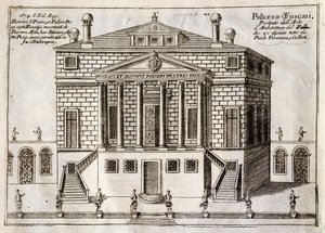 米拉的福斯卡利别墅的主立面，被称为La Malcontenta，由Andrea Palladio（1508-1580）设计，雕刻自Along Brenta Canal，几乎是威尼斯市的一个区，由Vincenzo Coronelli（1650-1718）设计，威尼斯