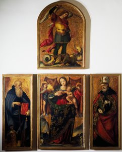 带有圣母和圣徒的多联画，由安德烈-萨巴蒂尼-达-萨勒诺（1480-1530）创作，木板绘画。 作者 安德里亚·萨巴蒂尼（Andrea Sabatini）