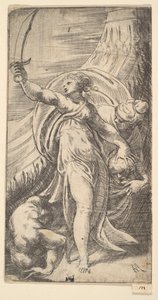 朱迪思（Judith）的剑在右手举起，将霍洛弗内斯（Holofernes）的头放在萨克... 1542-45。 作者 安德里亚·夏维亚（Andrea Schiavone）