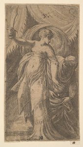 朱迪思（Judith）举起右手的剑，将Holofernes的头放在... 1540-45。 作者 安德里亚·夏维亚（Andrea Schiavone）
