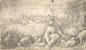 摩西和燃烧的灌木丛，约。 1544-47。 作者 安德里亚·夏维亚（Andrea Schiavone）