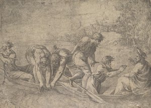 鱼的奇迹般的吃水，大约在1548-52年间，在右边的基督与使徒的陪伴下。 作者 安德里亚·夏维亚（Andrea Schiavone）