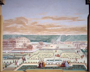 别墅和想象中的花园的透视画，由安德烈-乌尔巴尼（1711-1798）在威尼托州斯特拉的皮萨尼别墅绘制的壁画。意大利 作者 安德里亚·乌尔巴尼（Andrea Urbani）