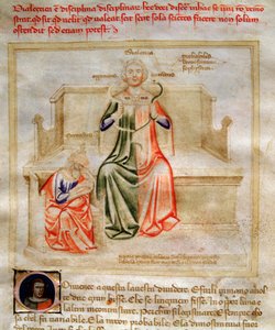 巴托洛梅奥-迪-巴托利的 "Chansonne des sept Vertus et des sept Arts liberales destinee a Bruzio Visconti"（La Canzone delle Virtu e delle Scienze）中的辩证法图示。安德烈-迪-巴托利（活跃于1358年至1368年）的水彩画（ms.599, fo 作者 安德里亚·德·巴托利