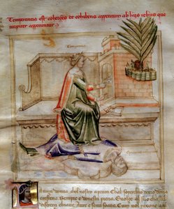 巴托洛梅奥-迪-巴托利的 "Chansonne des sept virtues et des sept arts liberaux destinee a Bruzio Visconti"（La Canzone delle Virtu e delle Scienze）中的节制寓意。安德里亚-迪-巴托利（活跃于1358年至1368年）的水彩画（MS. 599, f. 作者 安德里亚·德·巴托利