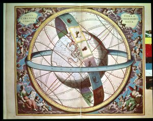 环绕黄道十二宫的世界地图，"Situs Terrae Circulis Coelestibus Circundate"，选自《天体图集，或宇宙的和谐》（Atlas coelestis seu harmonia macrocosmica），阿姆斯特丹，约 1660 年 作者 安德鲁·塞拉瑞斯