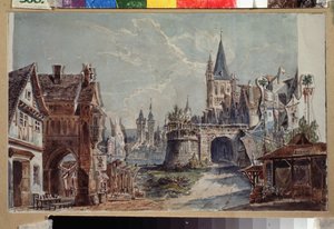 Cesare Pugni（1802-1870 年）创作的芭蕾舞剧《浮士德》的预备装饰。安德烈亚斯-莱昂哈德-罗勒（1805-1891 年）的作品，纸上水彩和墨水