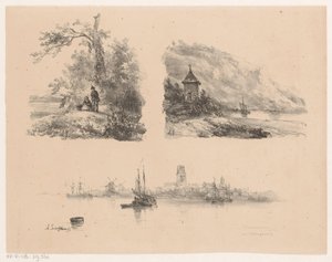森林中的人物、沿山海岸的河流和水面上的船只 作者 荷兰皇家 Steendrukkerij van CW Mieling