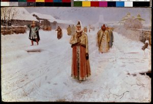 周日。冬天，在大莫斯科地区一条积雪覆盖的道路上，古俄罗斯动乱时期（16-17 世纪），身着传统服装的男男女女波雅尔人（boiards，boiars）正从教堂返回。画家：安德烈 作者 Andrei Petrovich Ryabushkin
