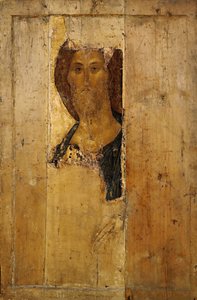 俄语："全能的基督 "救世主。摘自《Deisus Chin 作者 安德烈·鲁布列夫（Andrei Rublev）