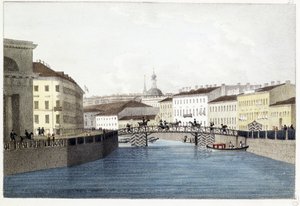 Le pont Bolshoi Koniushennyi a Saint Petersbourg.(圣彼得堡的 Bolshoi Koniushennyi 桥）。Lithographie et aquarelle de Andrei Yefimovich Martynov (1768-1826)