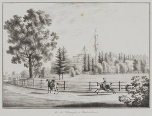 1821-1822年，奥拉宁鲍姆（Oranienbaum）的雪橇亭和电报机的视图 作者 Andrei Yefimovich Martynov