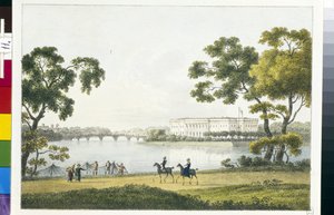 圣彼得堡卡缅尼岛宫殿景观。安德烈-叶菲莫维奇-马丁诺夫（1768-1826 年）的石版画和水彩画