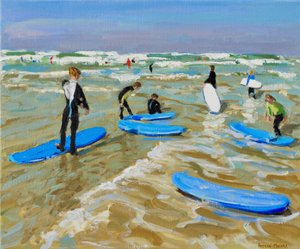 蓝色冲浪板，布德。20x24",2019,(布面油画) 作者 安德鲁·马卡拉（Andrew Macara）