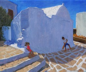 教堂墙上的板球，米克诺斯（布面油画） 作者 安德鲁·马卡拉（Andrew Macara）