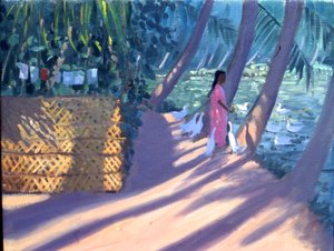 喂鸭子，印度喀拉拉邦（布面油画） 作者 安德鲁·马卡拉（Andrew Macara）
