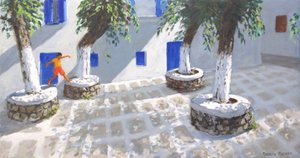 四棵树，米科诺斯镇，2022 年（布面油画） 作者 安德鲁·马卡拉（Andrew Macara）