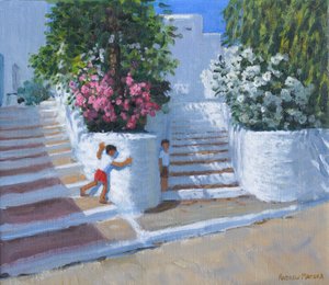 捉迷藏，阿达玛斯，米洛斯岛，希腊，2023 年（布面油画） 作者 安德鲁·马卡拉（Andrew Macara）